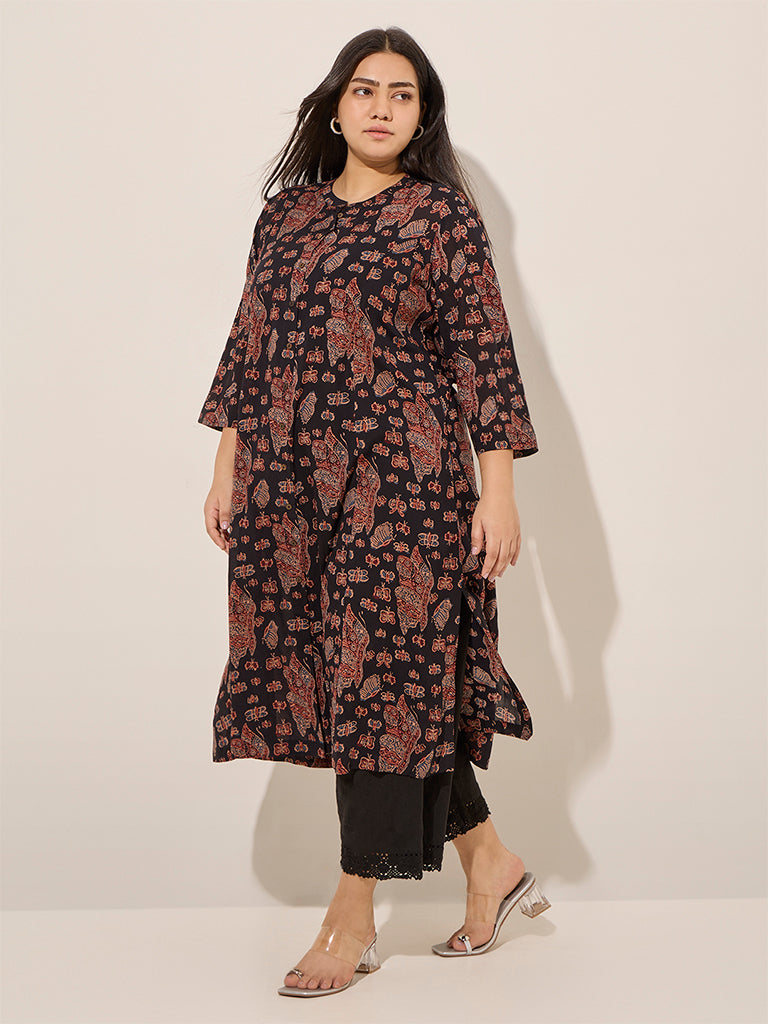 Diza Black Ethnic Printed Cotton A-Line Kurta