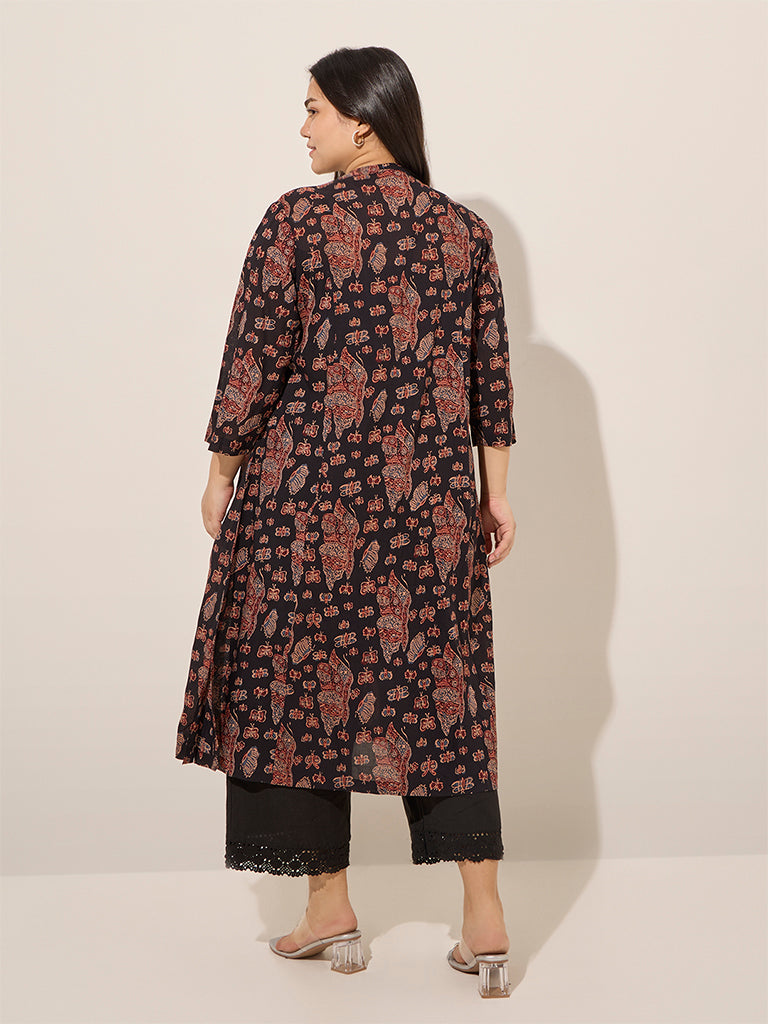 Diza Black Ethnic Printed Cotton A-Line Kurta