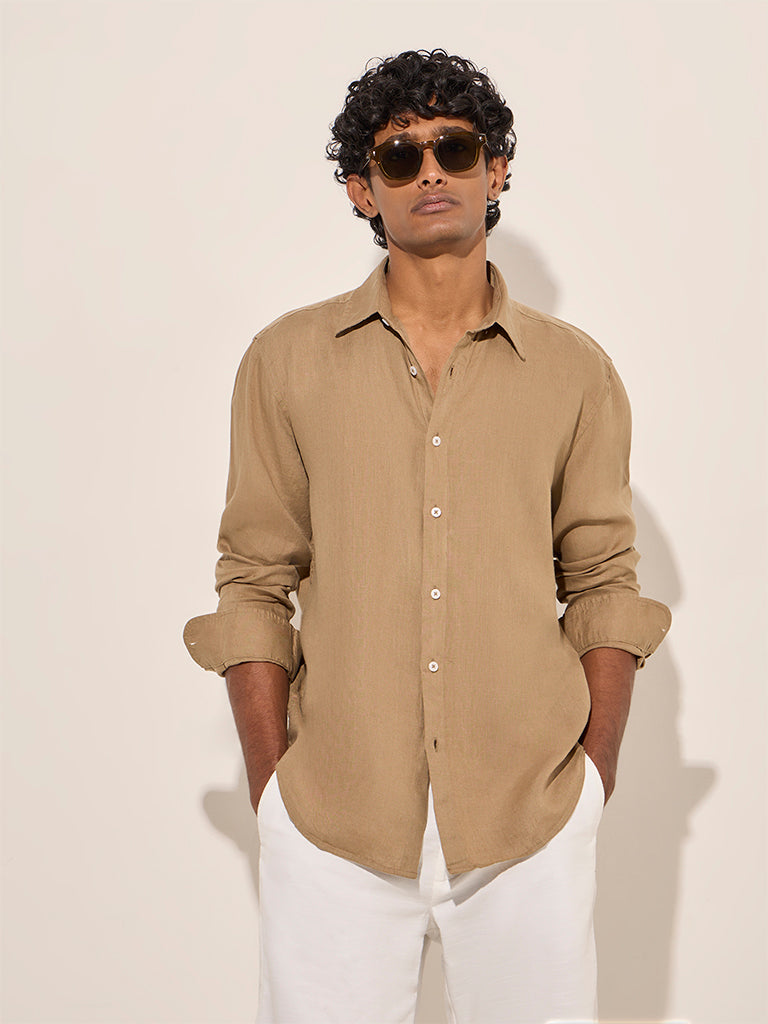 Ascot Taupe Relaxed-Fit Linen-Blend Shirt