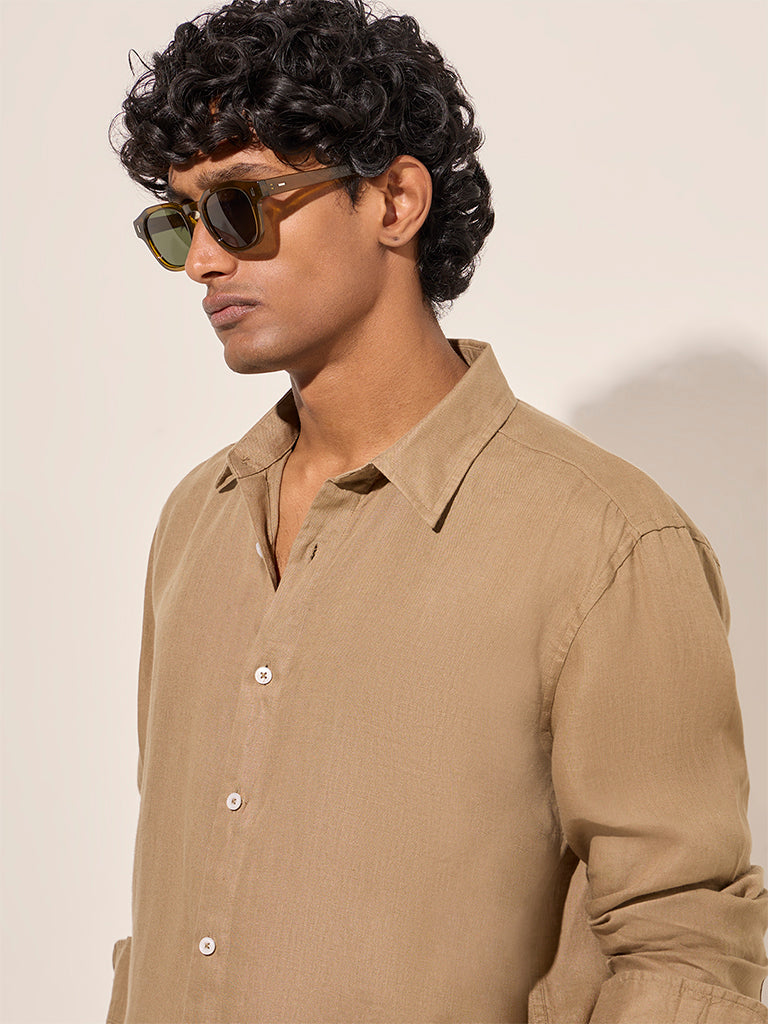 Ascot Taupe Relaxed-Fit Linen-Blend Shirt