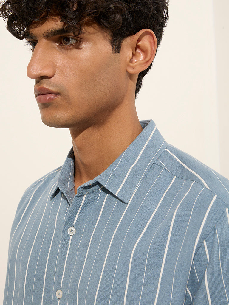 Ascot Light Blue Striped Relaxed-Fit Blended Linen Shirt