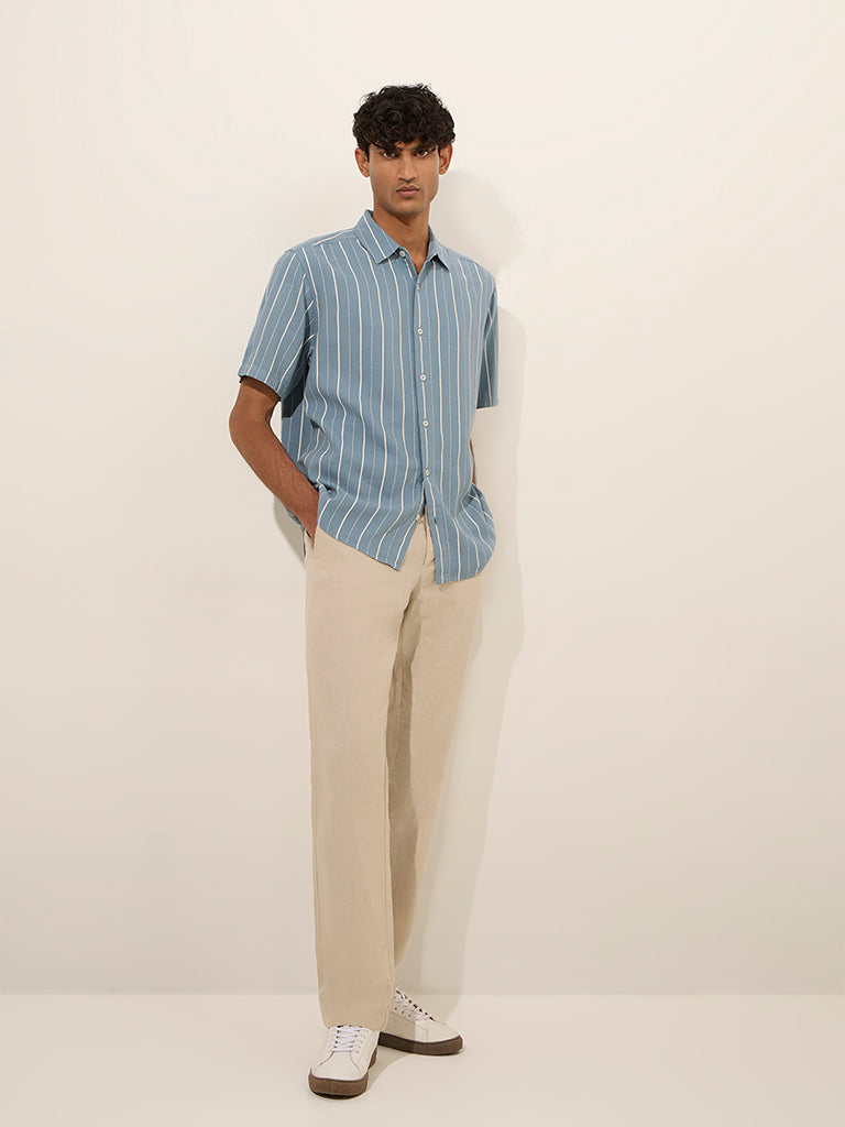 Ascot Light Blue Striped Relaxed-Fit Blended Linen Shirt