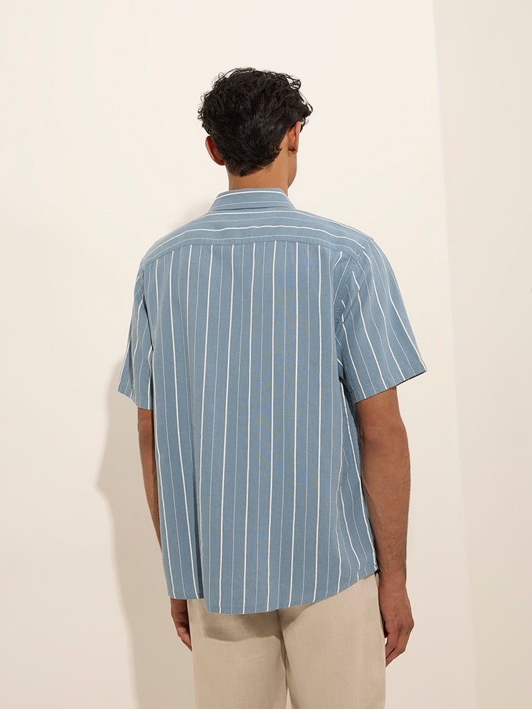 Ascot Light Blue Striped Relaxed-Fit Blended Linen Shirt