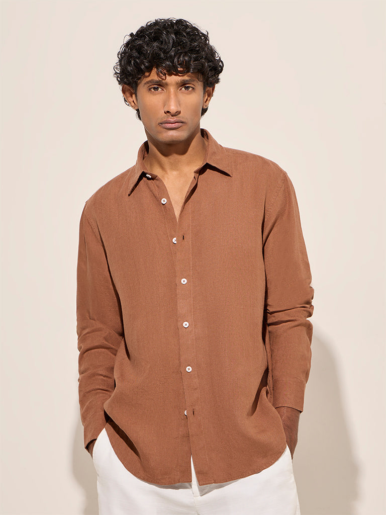 Ascot Brown Relaxed-Fit Linen-Blend Shirt