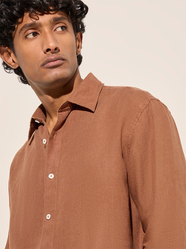 Ascot Brown Relaxed-Fit Linen-Blend Shirt