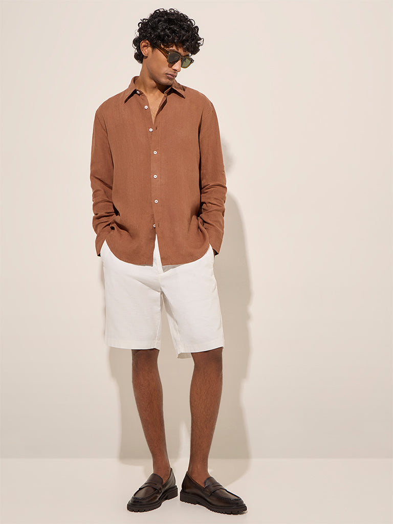 Ascot Brown Relaxed-Fit Linen-Blend Shirt