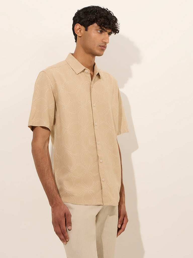 Ascot Beige Printed Relaxed-Fit Blended Linen Shirt