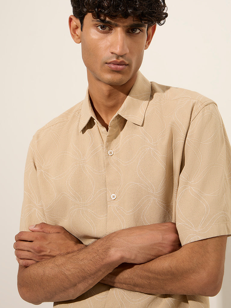 Ascot Beige Printed Relaxed-Fit Blended Linen Shirt