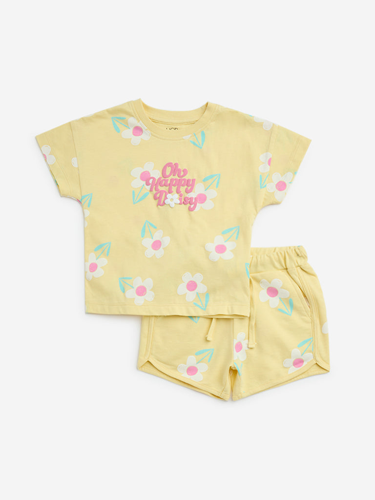 HOP Kids Yellow Floral Cotton T-Shirt with Shorts Set