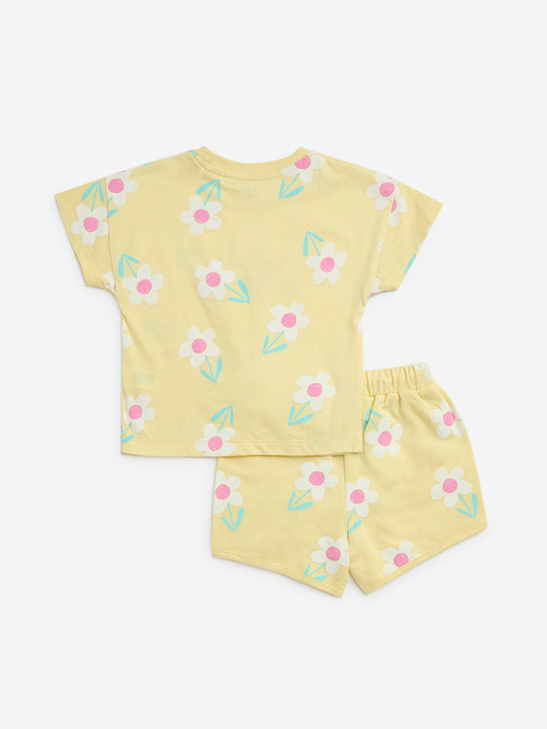 HOP Kids Yellow Floral Cotton T-Shirt with Shorts Set