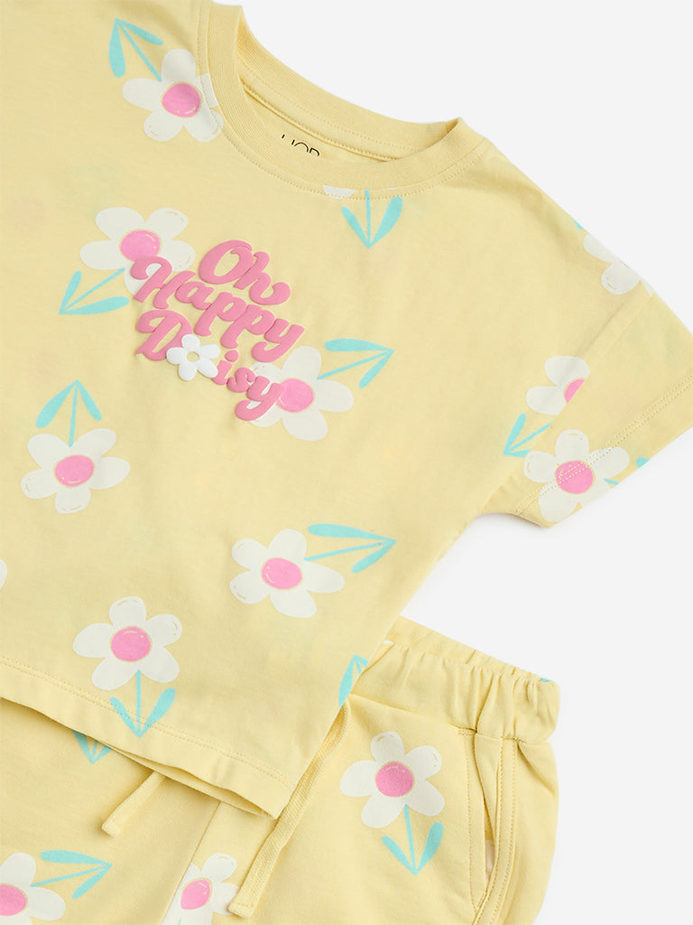 HOP Kids Yellow Floral Cotton T-Shirt with Shorts Set