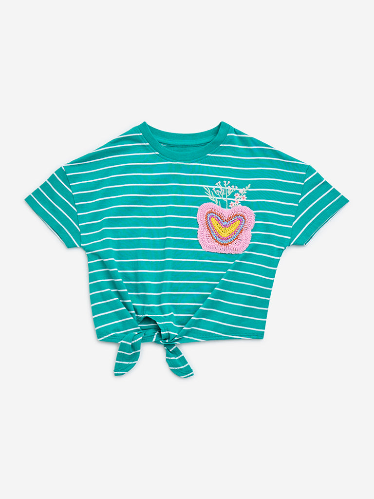 HOP Kids Green Stripe Detailed Cotton T-Shirt