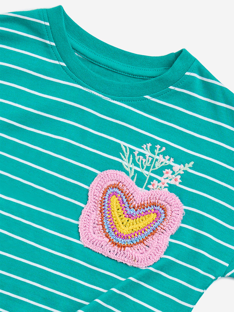 HOP Kids Green Stripe Detailed Cotton T-Shirt