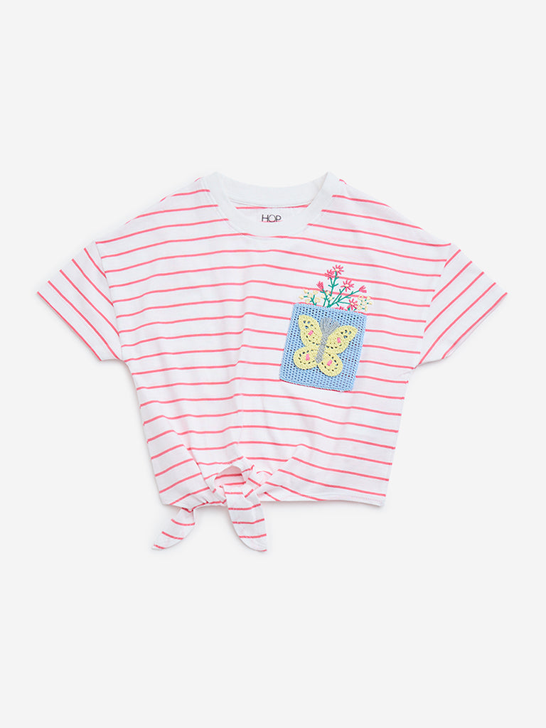 HOP Kids White Stripe Printed Cotton T-Shirt