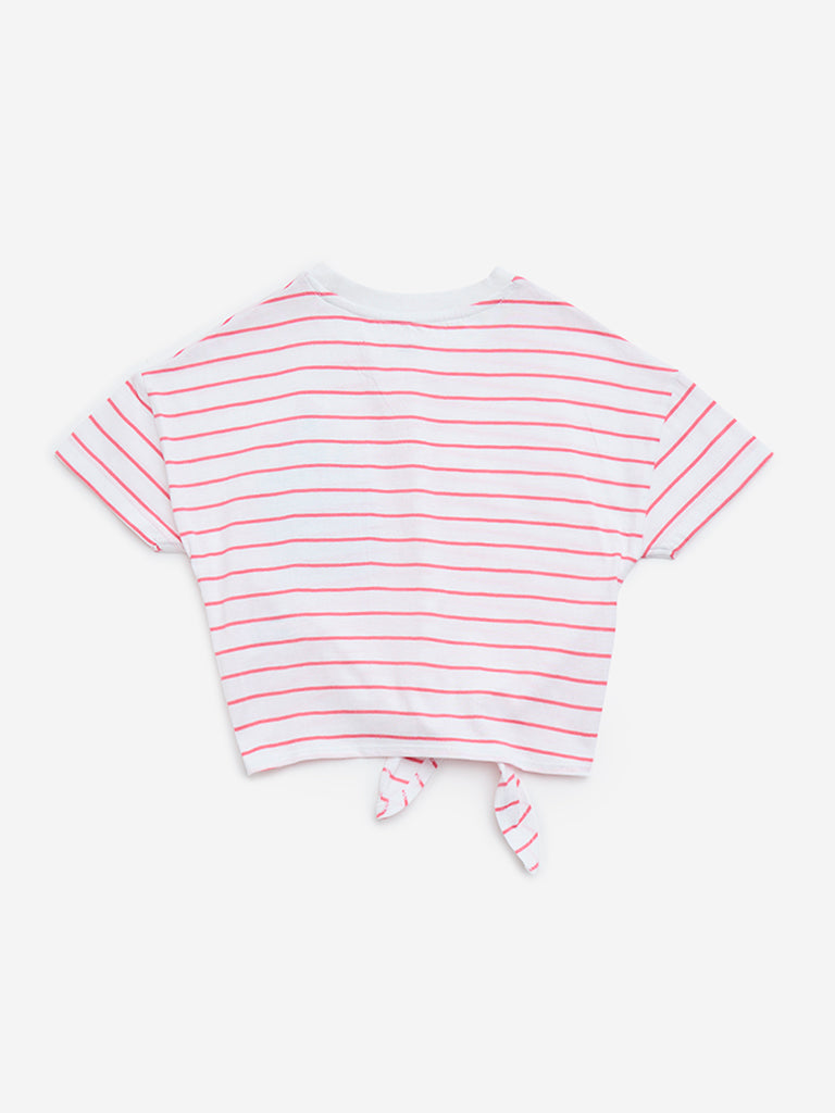 HOP Kids White Stripe Printed Cotton T-Shirt