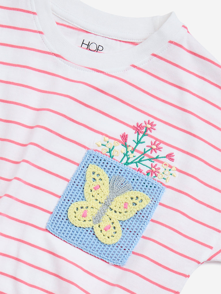 HOP Kids White Stripe Printed Cotton T-Shirt