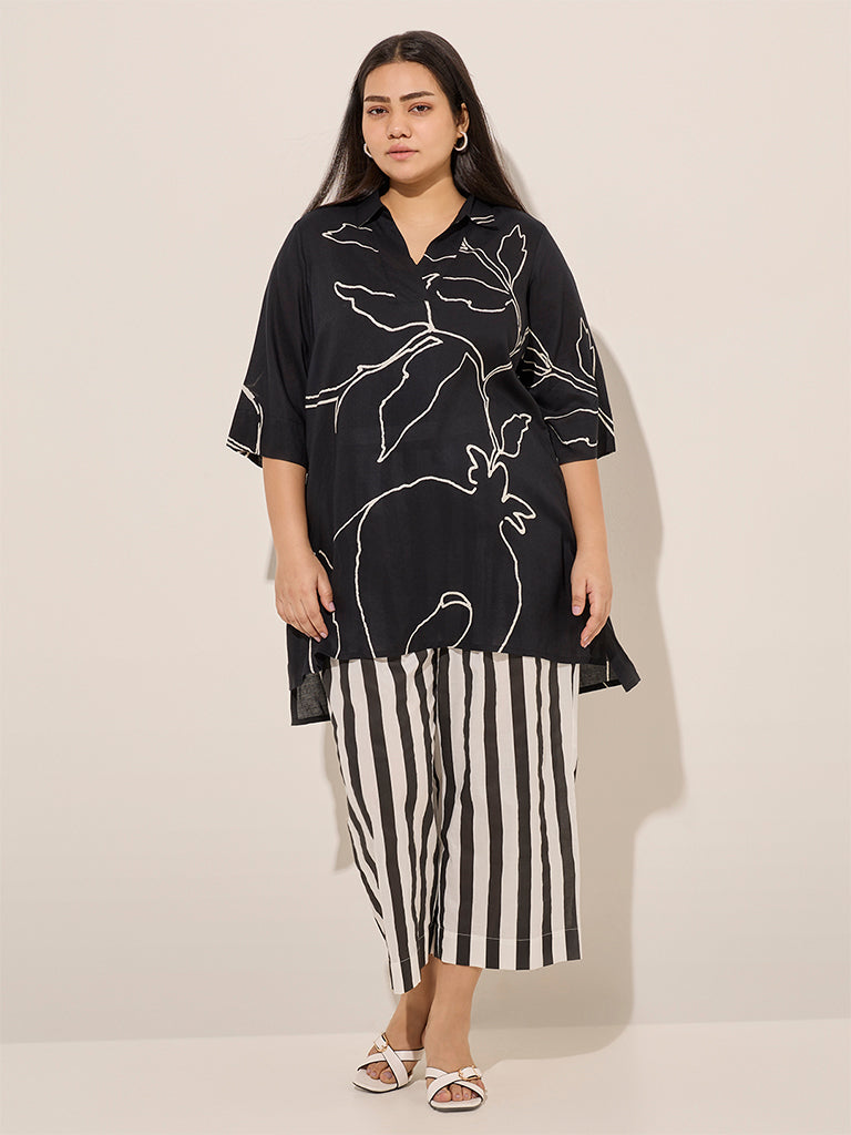 Diza Black Botanical Printed High-Low Kurta