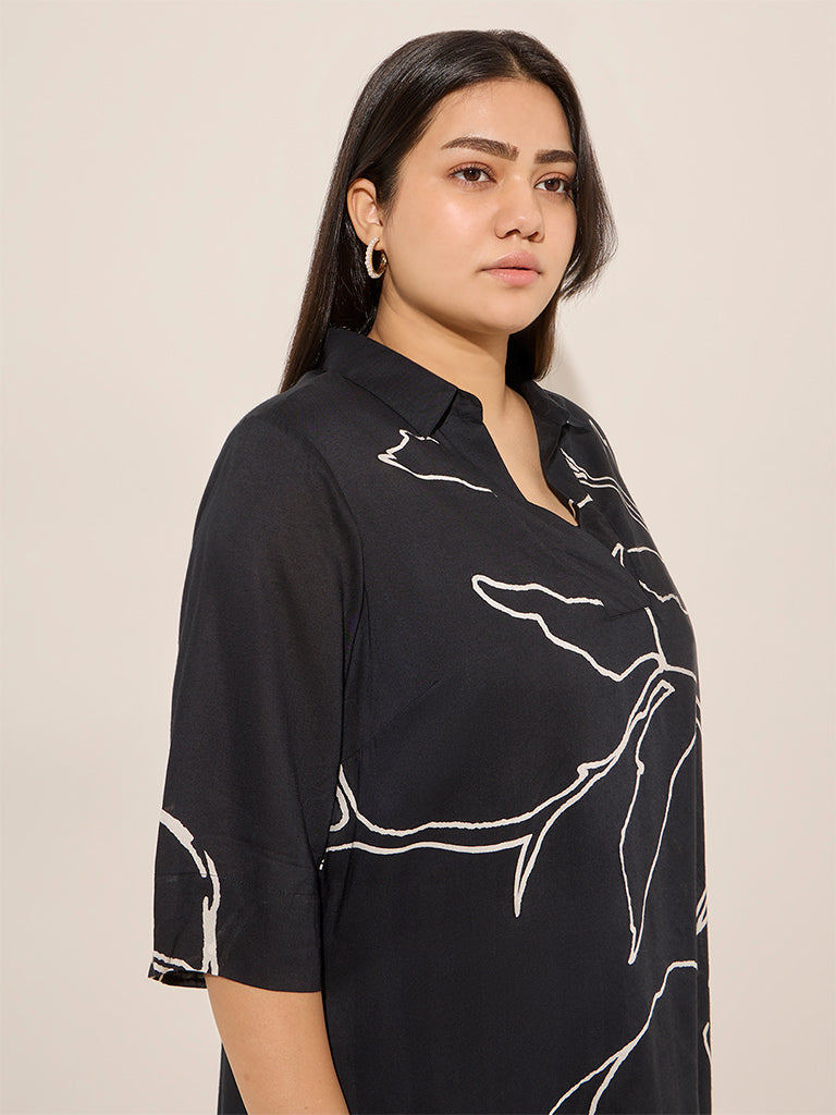 Diza Black Botanical Printed High-Low Kurta