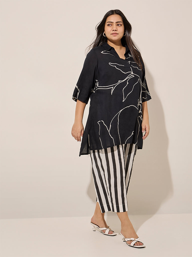 Diza Black Botanical Printed High-Low Kurta