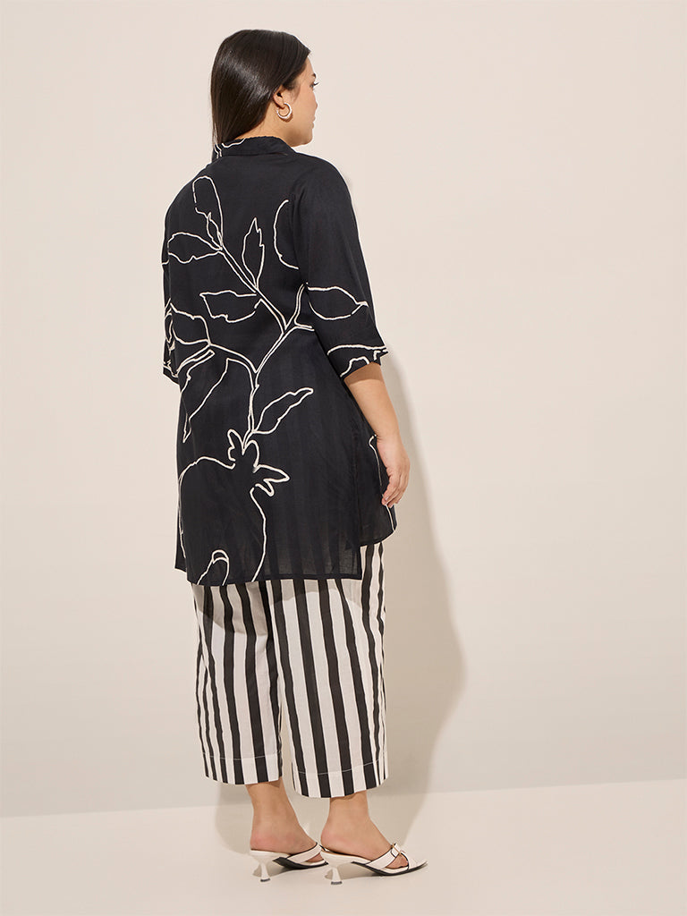 Diza Black Botanical Printed High-Low Kurta