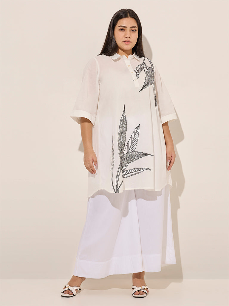 Diza White Foliage Embroidered Kurta