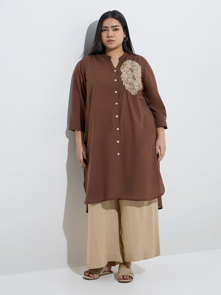 Diza Brown Floral Embroidered High-Low Cotton Kurta