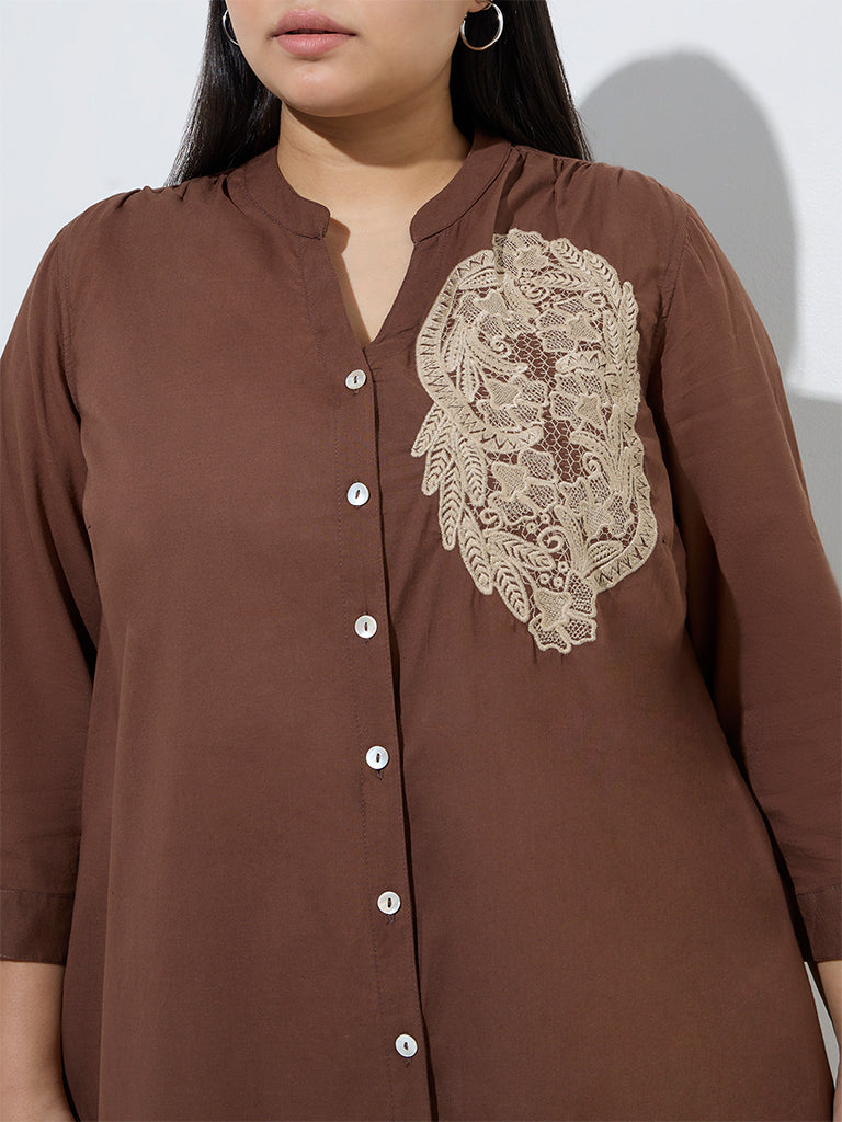 Diza Brown Floral Embroidered High-Low Cotton Kurta