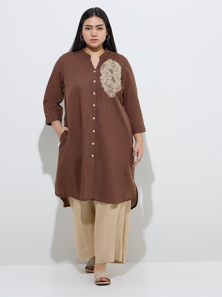 Diza Brown Floral Embroidered High-Low Cotton Kurta