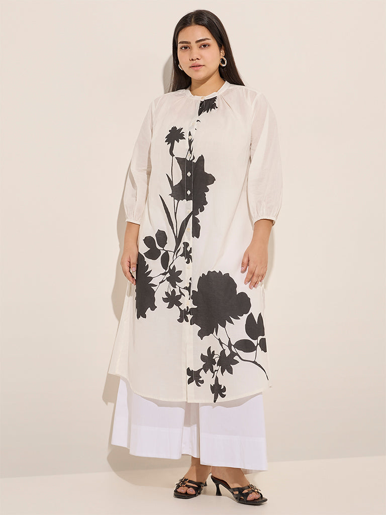 Diza White Floral Printed A-Line Kurta