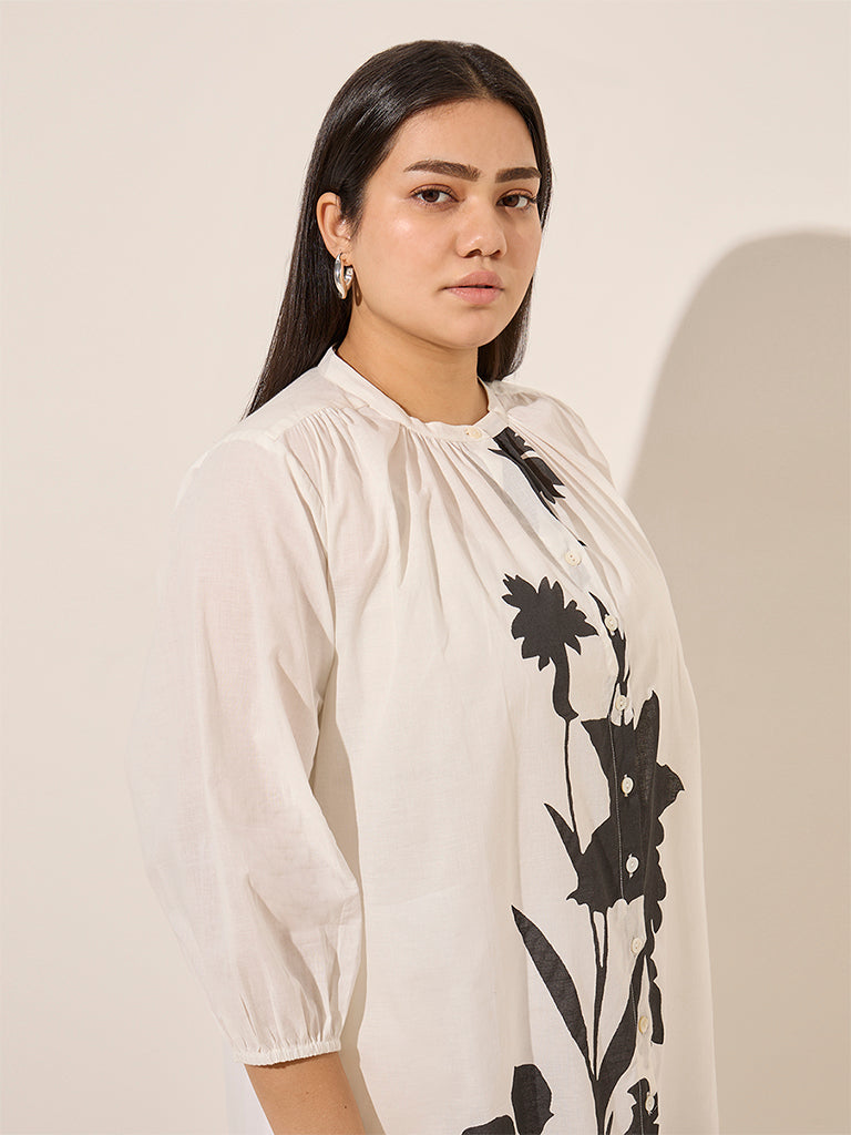 Diza White Floral Printed A-Line Kurta