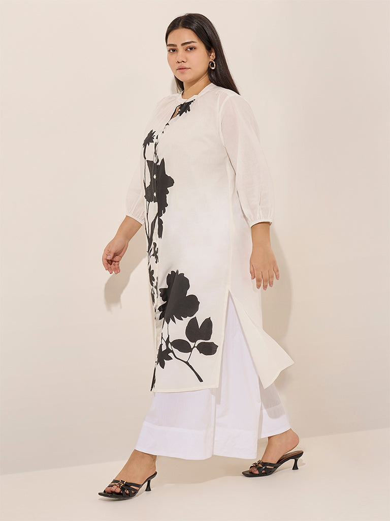 Diza White Floral Printed A-Line Kurta