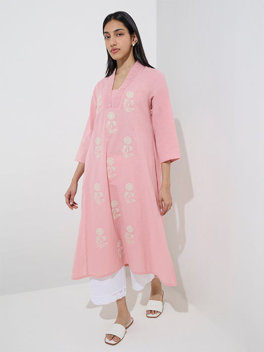 Utsa Light Pink Floral A-Line Cotton-Blend Kurta