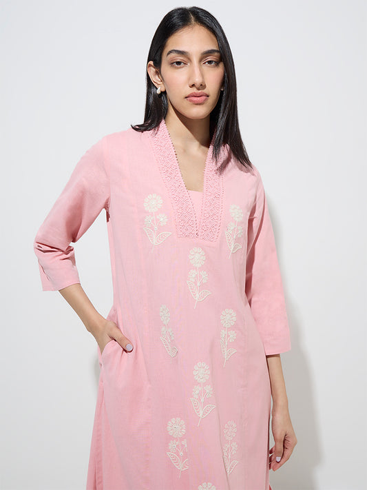 Utsa Light Pink Floral A-Line Cotton-Blend Kurta