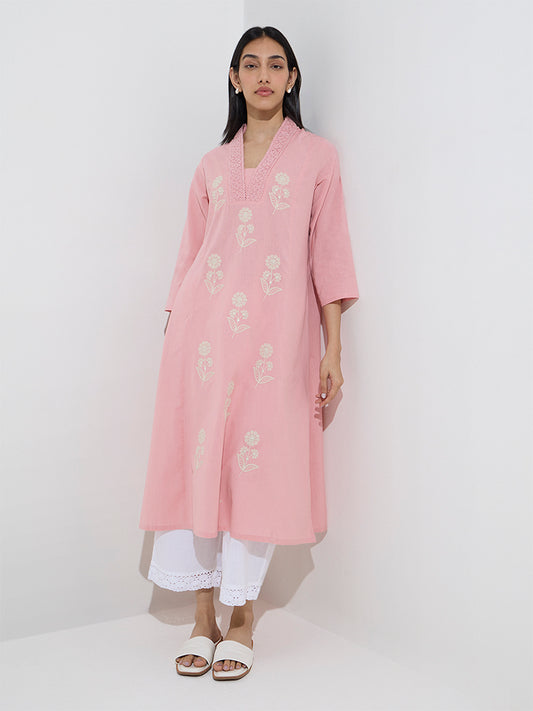 Utsa Light Pink Floral A-Line Cotton-Blend Kurta