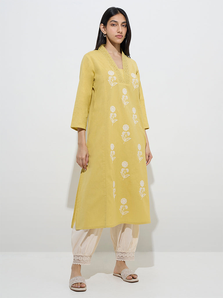 Utsa Yellow Floral A-Line Cotton-Blend Kurta