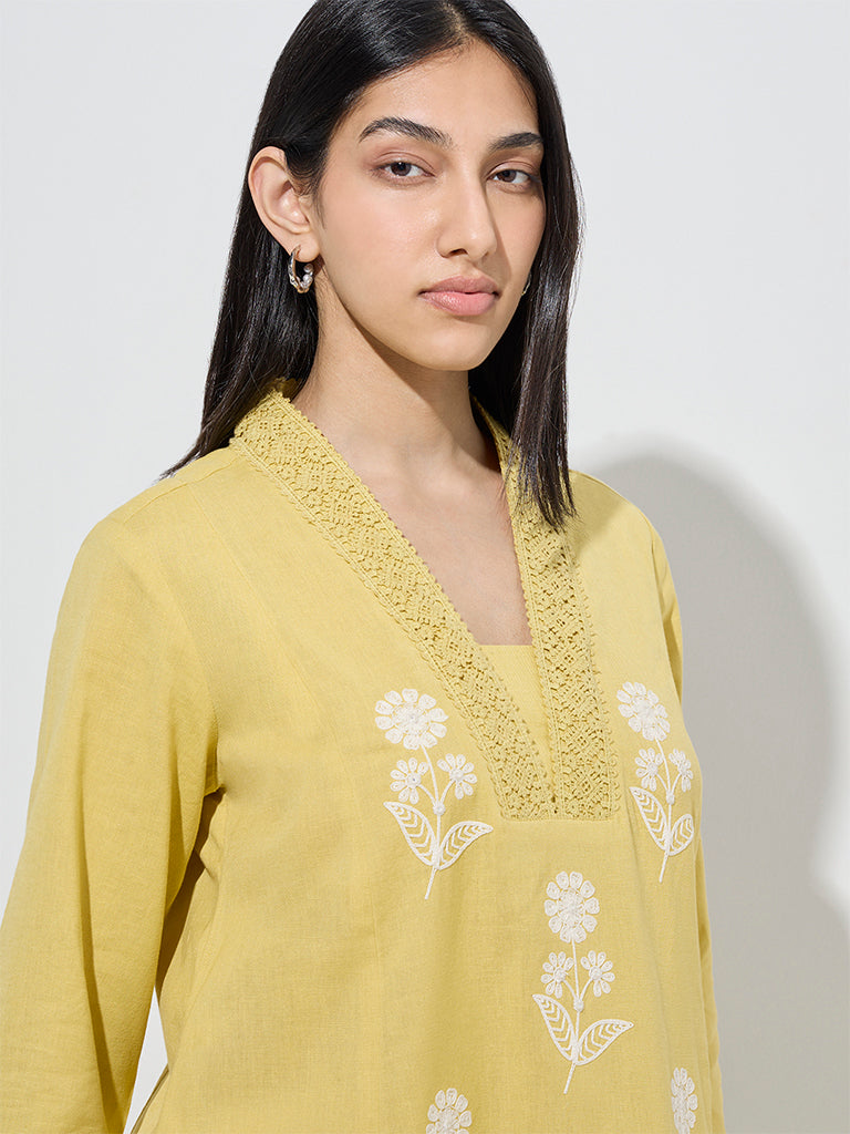 Utsa Yellow Floral A-Line Cotton-Blend Kurta