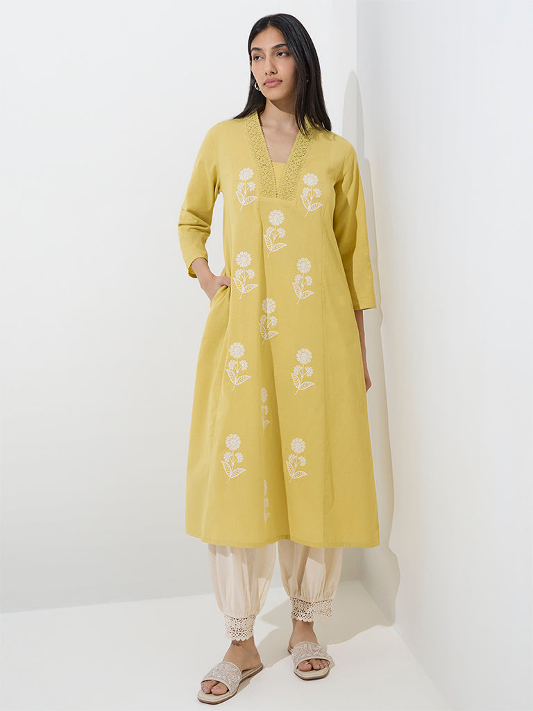 Utsa Yellow Floral A-Line Cotton-Blend Kurta