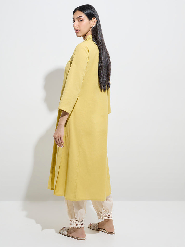 Utsa Yellow Floral A-Line Cotton-Blend Kurta