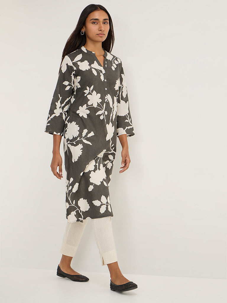 Utsa Charcoal Floral Printed Cotton Straight Kurta