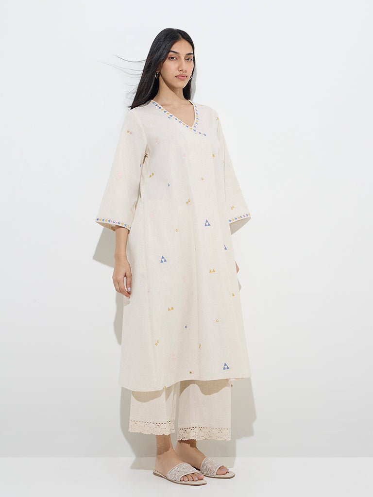 Utsa Off-White Embroidered Cotton-Blend A-Line Kurta