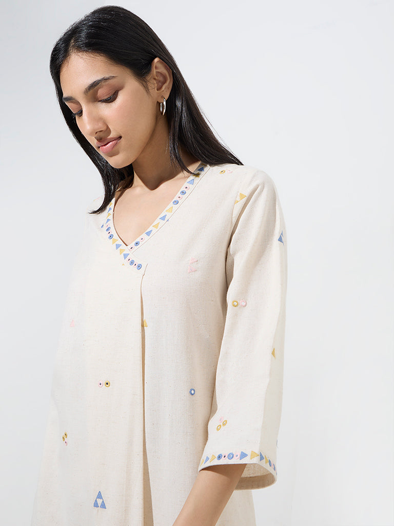 Utsa Off-White Embroidered Cotton-Blend A-Line Kurta