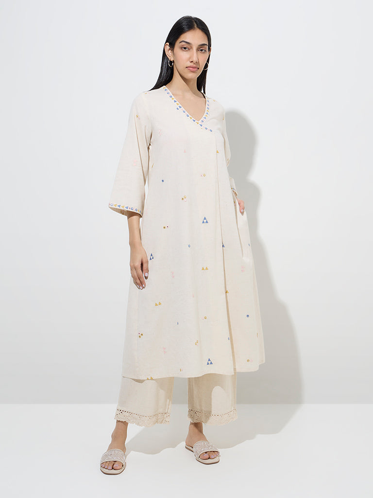 Utsa Off-White Embroidered Cotton-Blend A-Line Kurta