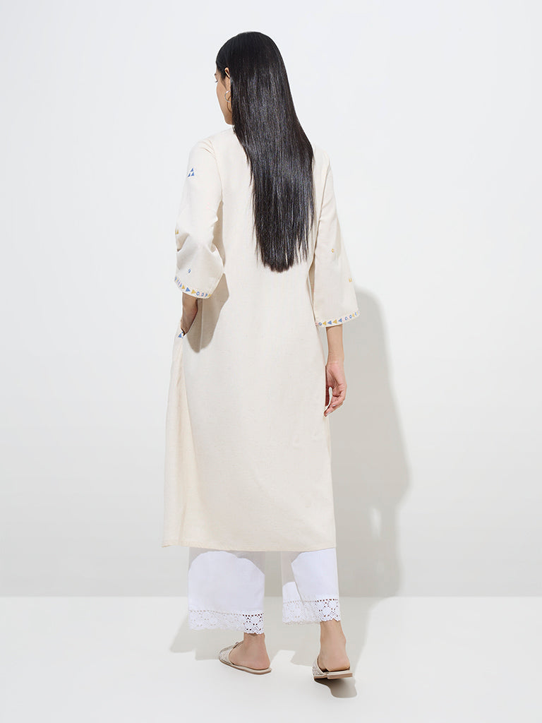 Utsa Off-White Embroidered Cotton-Blend A-Line Kurta