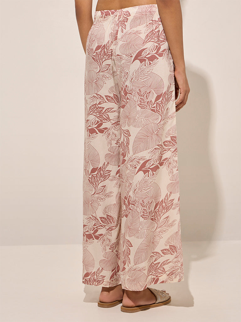 Zuba Dusty Pink Botanical Printed Cotton Palazzos