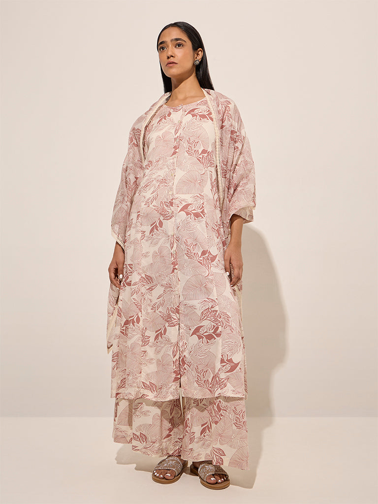 Zuba Dusty Pink Foliage Design A-Line Kurta