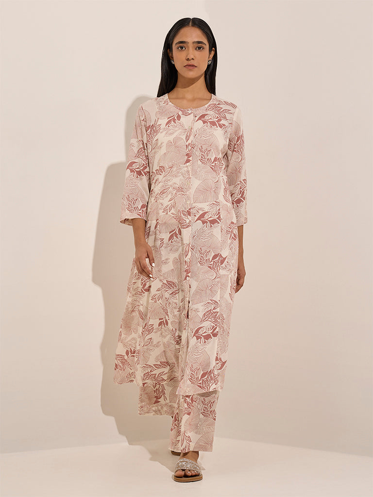 Zuba Dusty Pink Foliage Design A-Line Kurta