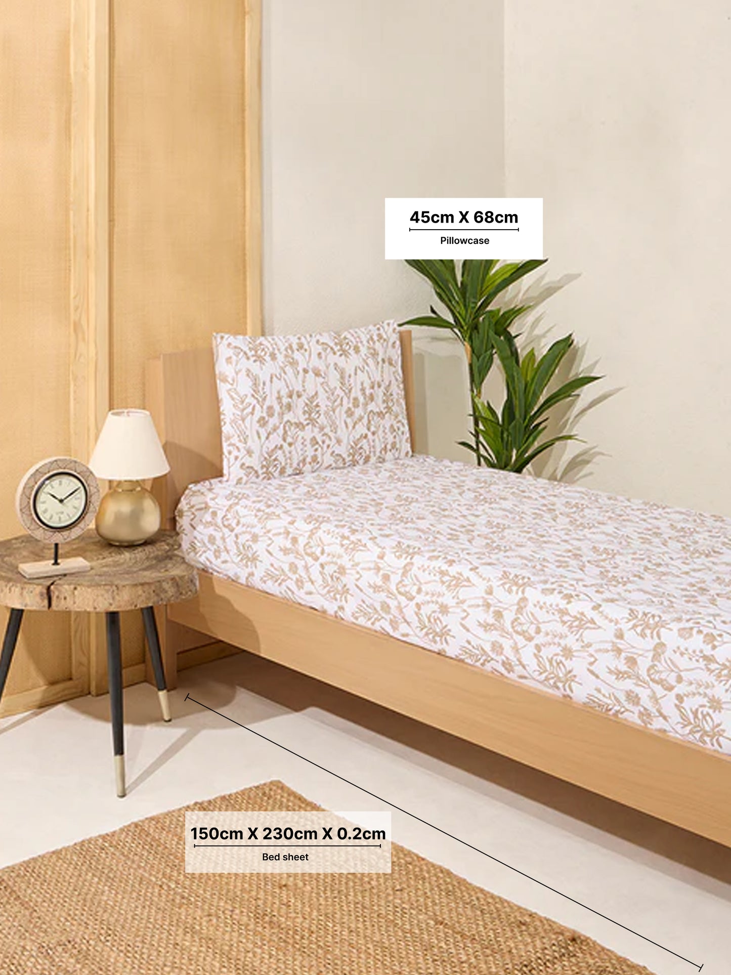 Westside Home Beige Design Single Bed Flat Sheet and Pillowcase Set