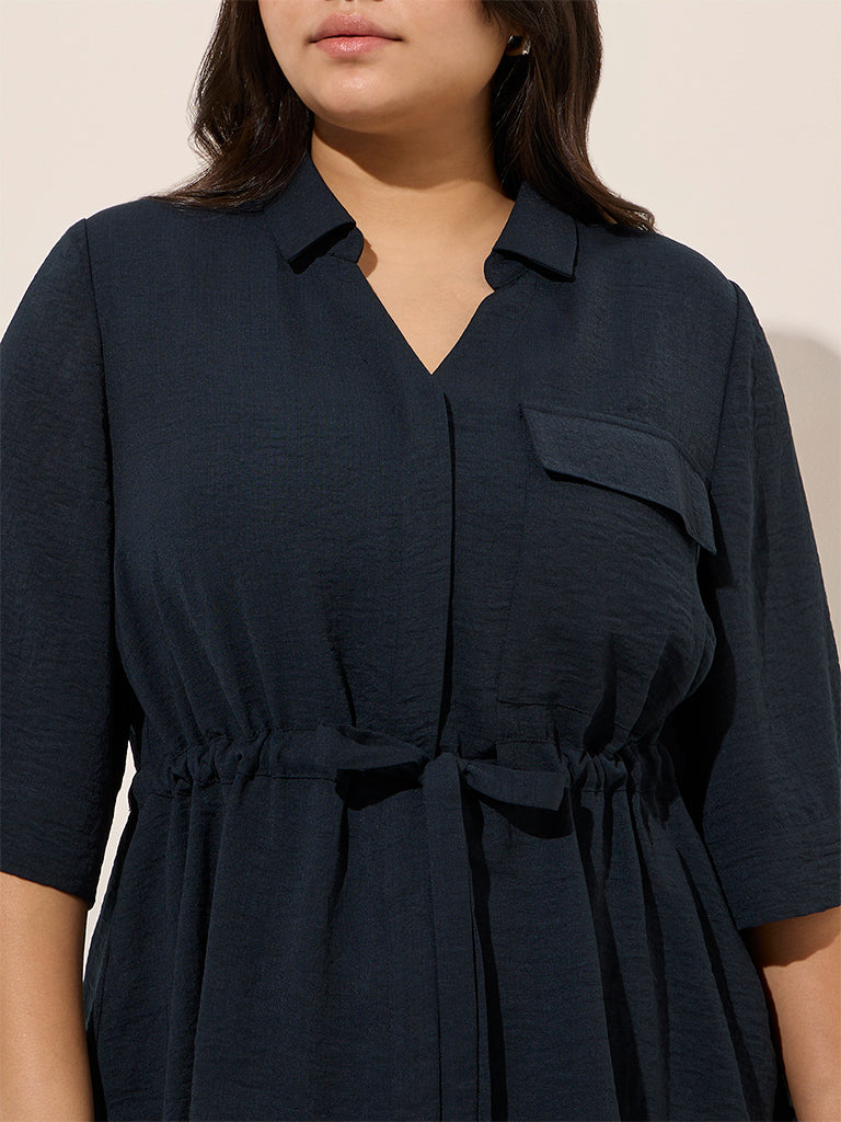 Gia Navy Solid Peplum Cotton-Blend Top