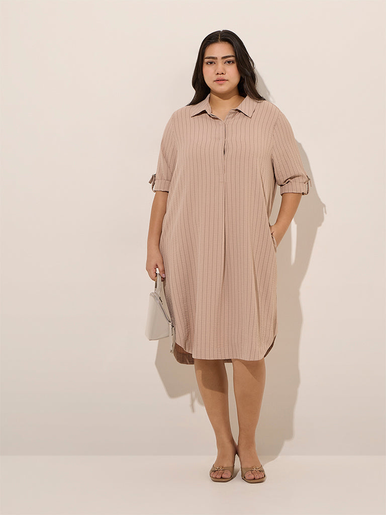 Gia Beige Pinstripe Detailed Cotton-Blend Shirt Dress