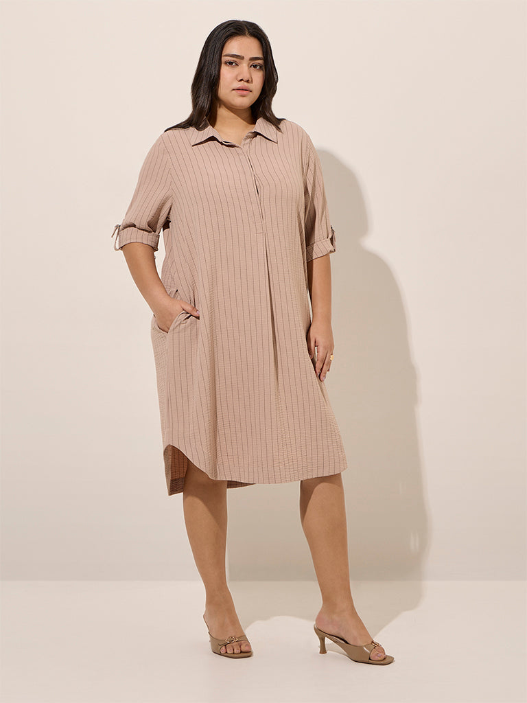 Gia Beige Pinstripe Detailed Cotton-Blend Shirt Dress